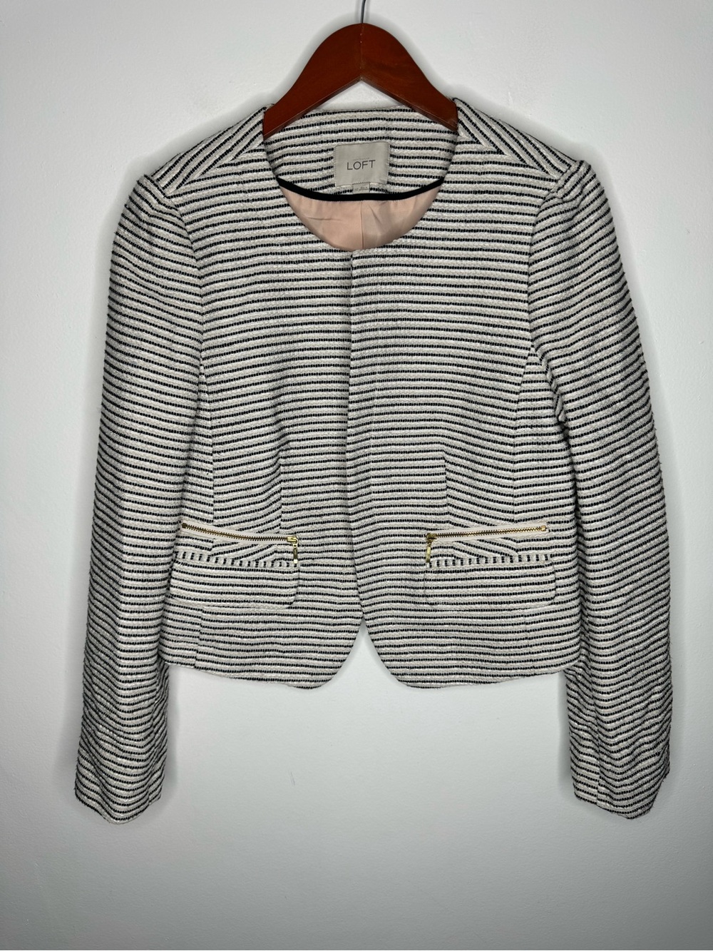 LOFT Ann Taylor White Black Striped Textured Tweed Blazer Jacket Size 12